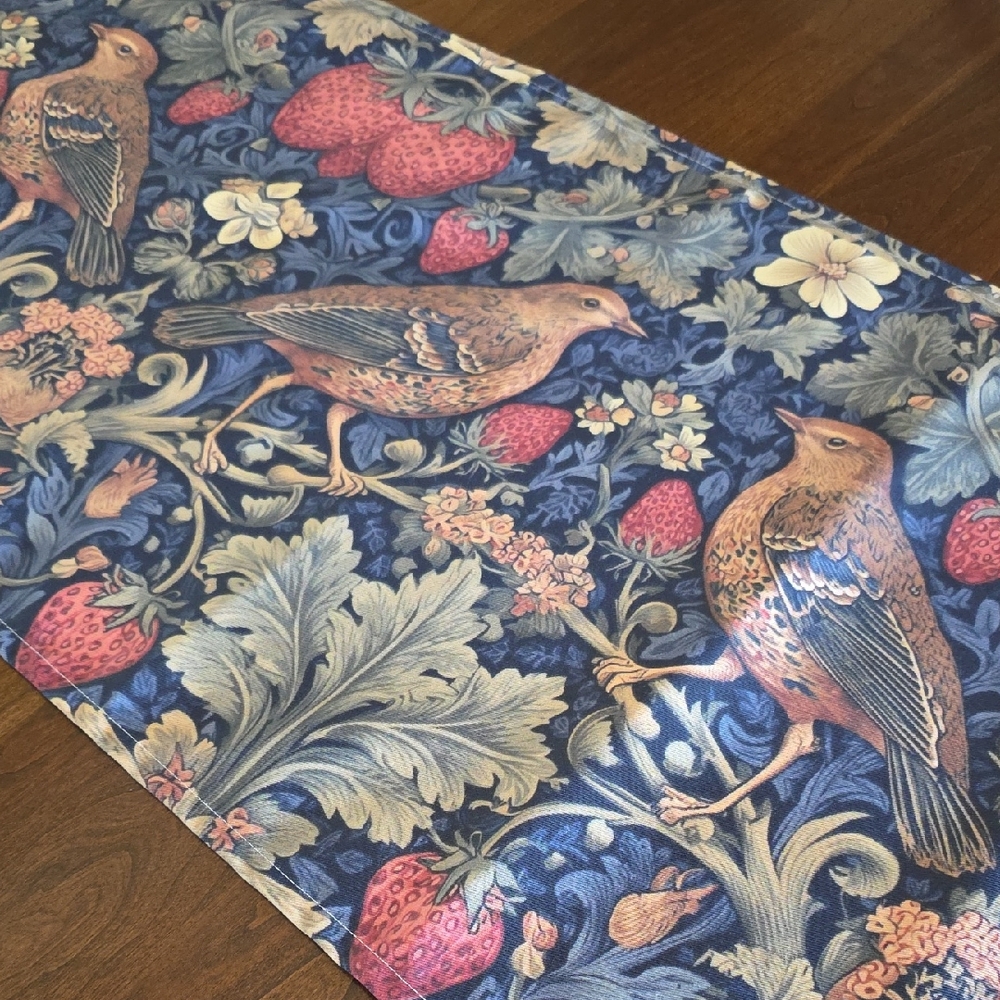 William Morris style 90" x 16" table runner "Strawberry Thief" pattern